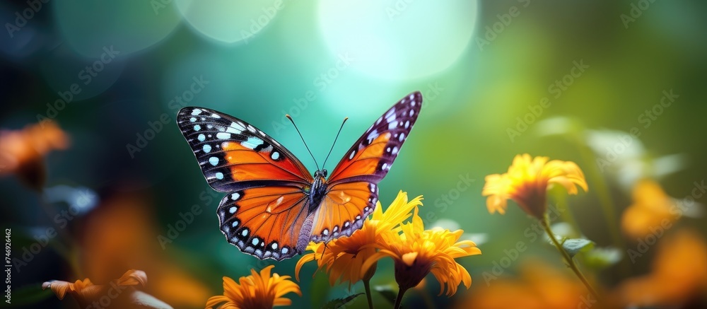 A close-up view of a butterfly gracefully perched on top of a vibrant yellow flower, showcasing the beauty of natures delicate balance and intricate details. A close-up view of a butterfly gracefully perched on top of a vibrant yellow flower, showcasing the beauty of natures delicate balance and intricate details.