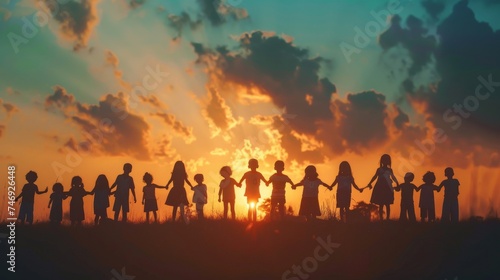 Silhouette back refugee kid group.Responsible.Kid child boy and girl worship.World kids day, Pray and worship, Hope, freedom, Diverse, Faith.World refugee day.Juneteenth kid.Friends.Potential unlock.