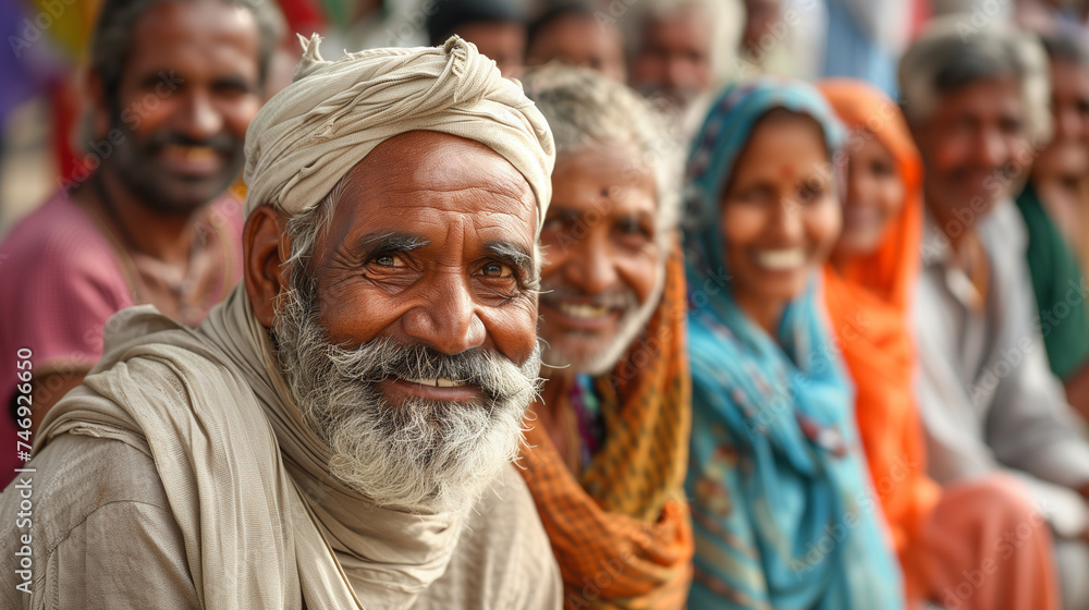 Fototapeta premium Group of happy Indian villagers. Older people in traditional clothing.
