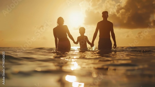 Silhouette family mother, father and young son holding hands, taking a swim in the sea for the first time the children over blurred beautiful