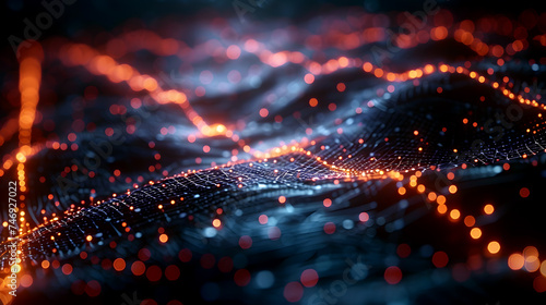 Wave of Technology, Cyberspace Connection Dynamic Futuristic Abstract Background with Glowing Bokeh Lights, Shiny Digital Network Modern Cyber Concept, Vibrant Flow of Light.