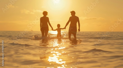 Silhouette family mother, father and young son holding hands, taking a swim in the sea for the first time the children over blurred beautiful © Sasint