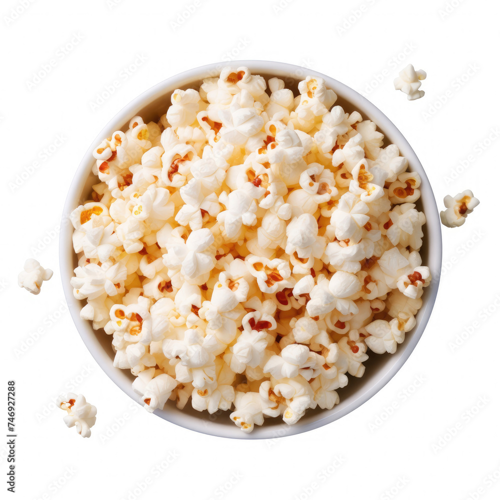 Top view of bowl of popcorn with butter isolated on white background Top view of bowl of popcorn with butter isolated on white background