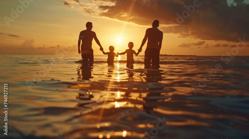 Silhouette family mother, father and young son holding hands, taking a swim in the sea for the first time the children over blurred beautiful