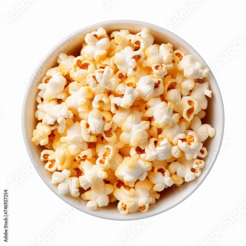 Top view of bowl of popcorn with butter isolated on white background created with Generative AI Technology