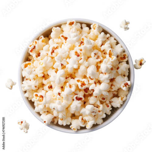 Top view of bowl of popcorn with butter isolated on white background created with Generative AI Technology