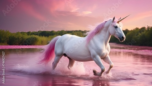 a unicorn glides through a pink river