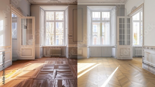 a A4 format split in two parts. The 2 parts show the same interior apartment, same view, same angle. 