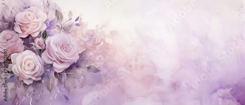 Abstract vintage watercolor wash pastel purple lilac and beige flat texture with faded white rose flowers edge background created with Generative AI Technology