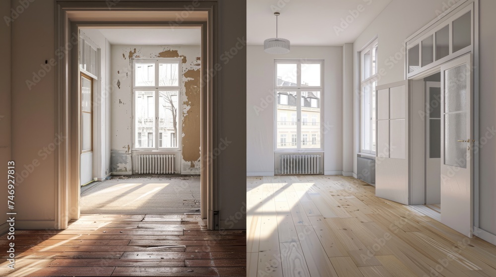 a A4 format split in two parts. The 2 parts show the same interior apartment, same view, same angle.  