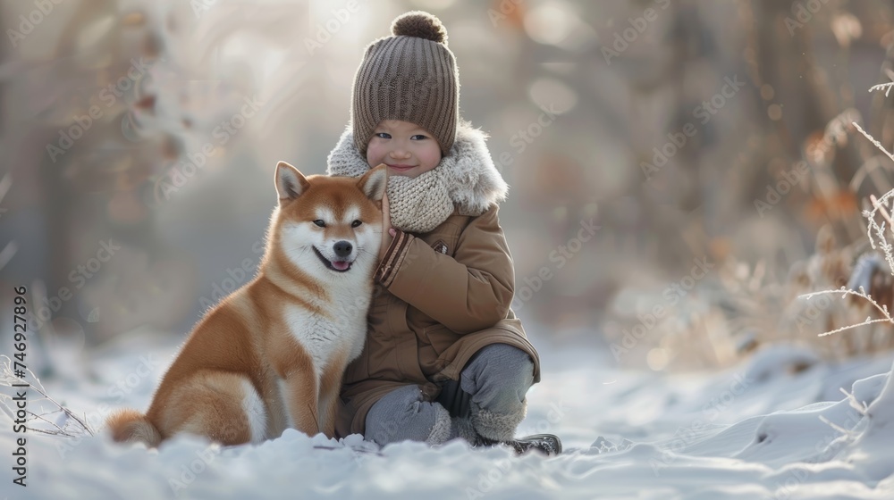 Childhood innocence meets canine companionship, a heartwarming sight that melts the heart.Shiba Inu dog.