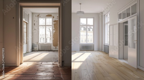 a A4 format split in two parts. The 2 parts show the same interior apartment  same view  same angle.  