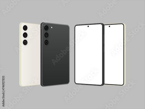 Smartphone Mockup. Green, Lavender, Phantom Black, Beige. Front and back views. Editorial mockup template Samsung Galaxy S23