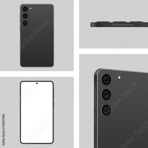 New Smartphone Mockup. Green, Lavender, Phantom Black, Beige. Front and back views. Editorial mockup template 
