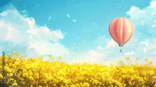 Spring blossom background. Hot air balloon over yellow flower fields against blue sky