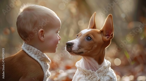Childhood innocence meets canine companionship, a heartwarming sight that melts the heart.Basenji dog.