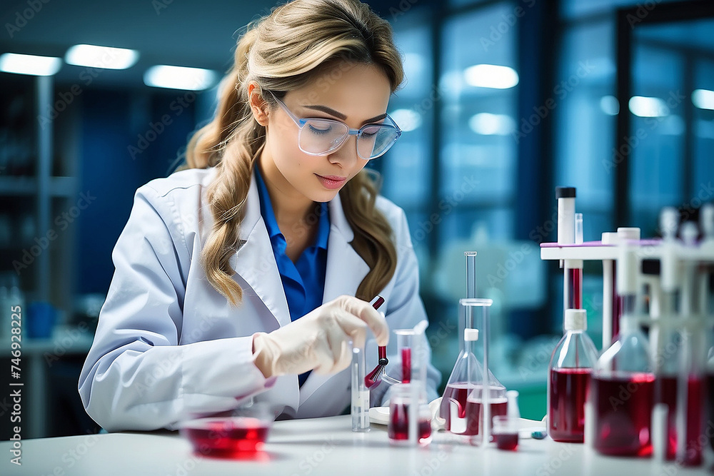 Lady Scientist doing research, Analysis in a laboratory doing with blood samples. Generative AI Lady Scientist doing research, Analysis in a laboratory doing with blood samples. Generative AI