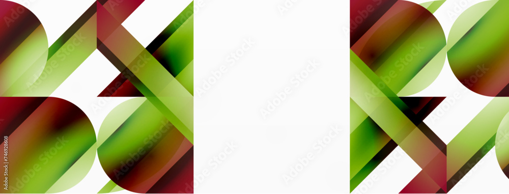 Vibrant color triangles and circles on white background intertwine to create captivating and harmoniously balanced composition for digital designs, presentations, website banners, social media posts