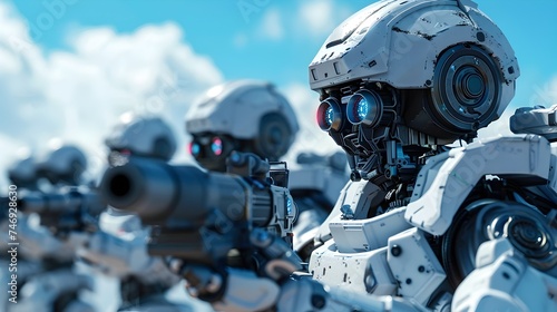 Group of Robots in a Line with Guns in a Hyper-Realistic Sci-Fi Style © vanilnilnilla