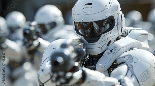 Line Up of White Robots in Hyper-Realistic Sci-Fi Style photo