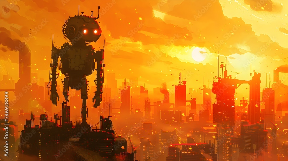 Robot atop Futuristic City of Apocalypse Style