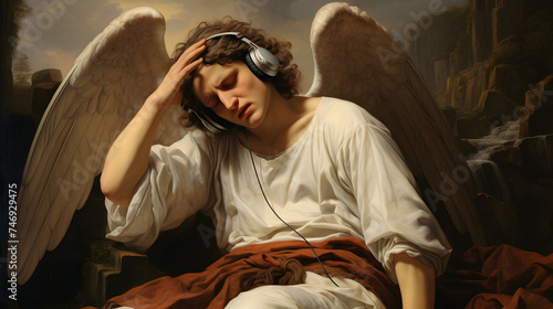 A photo of an angel listening to music with his headphone