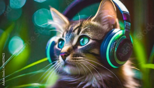 Illustration of a portrait of a cat wearing headphones. 