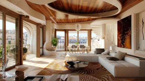 contemporary apartment interior, with gaudi inspired elements, wooden ceiling, histroic barcelona outside the window 
