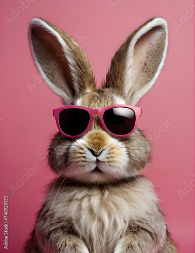 Cute Easter Bunny Dressed with Sunglasses on a Pink Background with Space for Copy Generative AI © Fazal