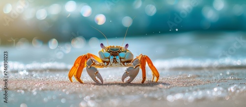 A beautiful collection of colorful crabs in various sizes and patterns on a blue background