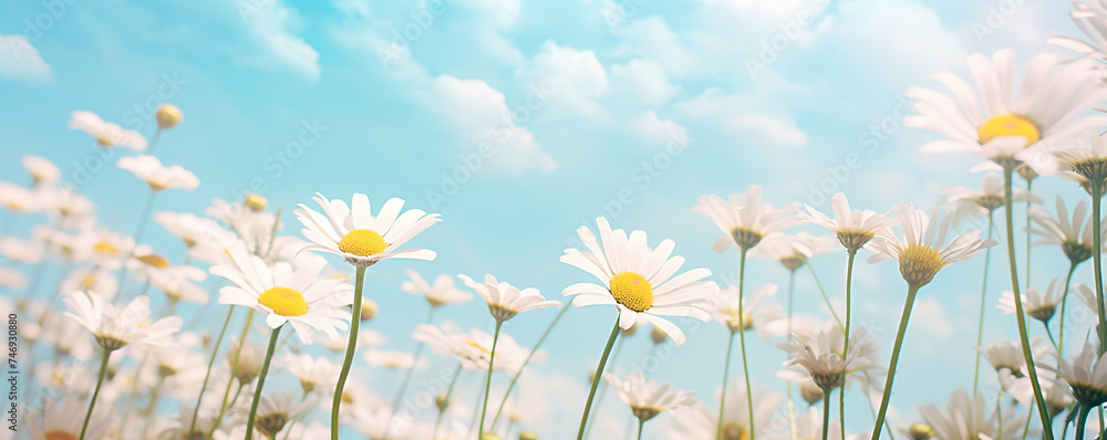 A field of Chamomile flowers on a bright sunny day
