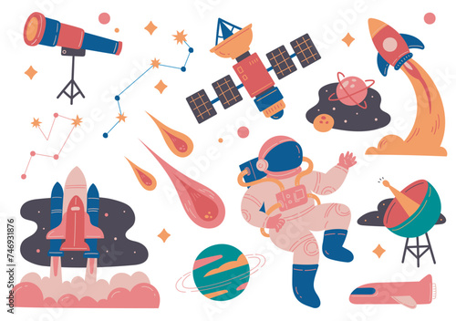 cartoon space and astronaut related object in flat style illustration