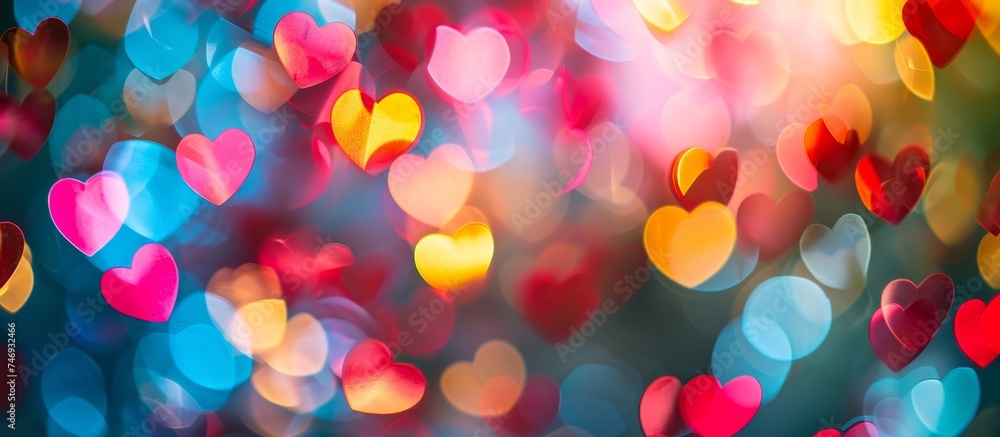 A vibrant display of colorful hearts fills the air, creating a beautiful pattern of magenta, electric blue, and other tints and shades in an artistic array of love