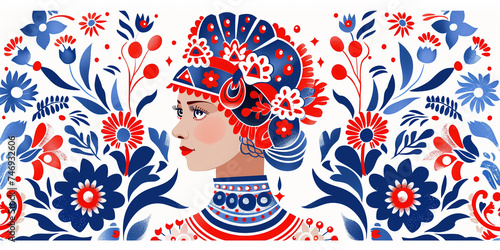 A flat vector illustration of a slavic woman in kokoshnik. Russian woman wearing a national headpiece. Slavic patterns and character.