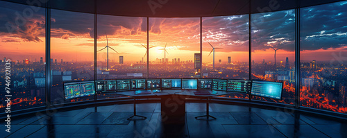 A high tech control room monitors the energy output of a city powered by windmills using predictive algorithms to ensure stability