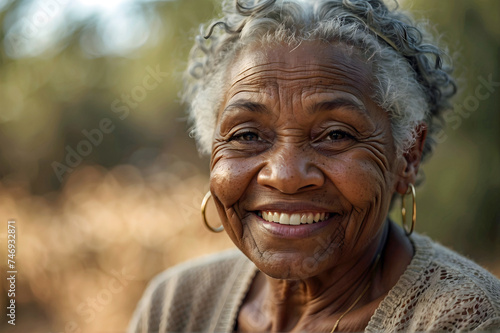 Well Dressed Elderly African American Lady with a Huge Smile Enjoying a Day Outside