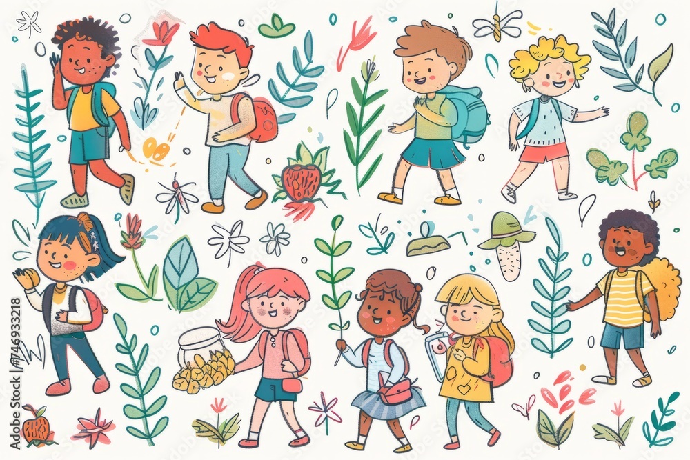 Cartoon cute doodles of children exploring nature and going on a nature walk with their kindergarten class, Generative AI Cartoon cute doodles of children exploring nature and going on a nature walk with their kindergarten class, Generative AI