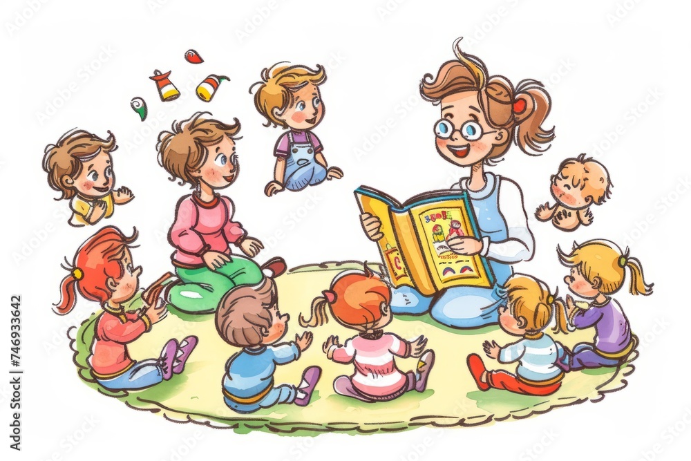 Cartoon cute doodles of a kindergarten teacher reading a storybook to a group of children sitting on a cozy rug, Generative AI Cartoon cute doodles of a kindergarten teacher reading a storybook to a group of children sitting on a cozy rug, Generative AI