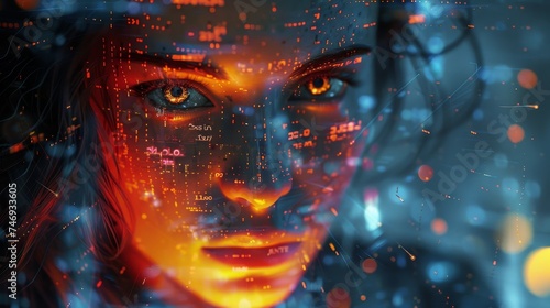 The enigmatic visage of a woman within a high-tech virtual environment