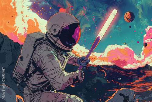 A trekker in an astronaut suit, holding a baseball bat, amidst a cosmic abyss Stark contrasts