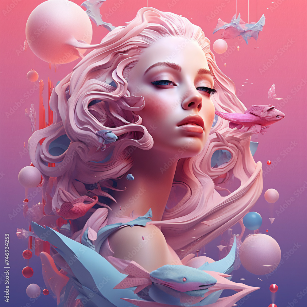 Fantastic 3d composition with a beautiful girl with pink hair surrounded by floating figures, fish, bubbles. Concept of mermaid or underwater queen.