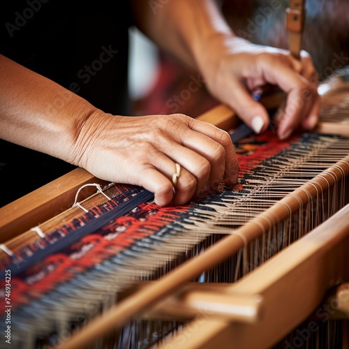 illustration of A close-up of hands weaving a tapestry on a loom, Generative ai