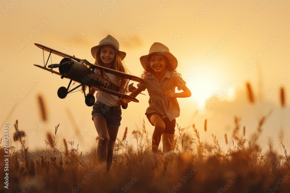 Children playing with toy airplane at sunset in a field. Children playing with toy airplane at sunset in a field.