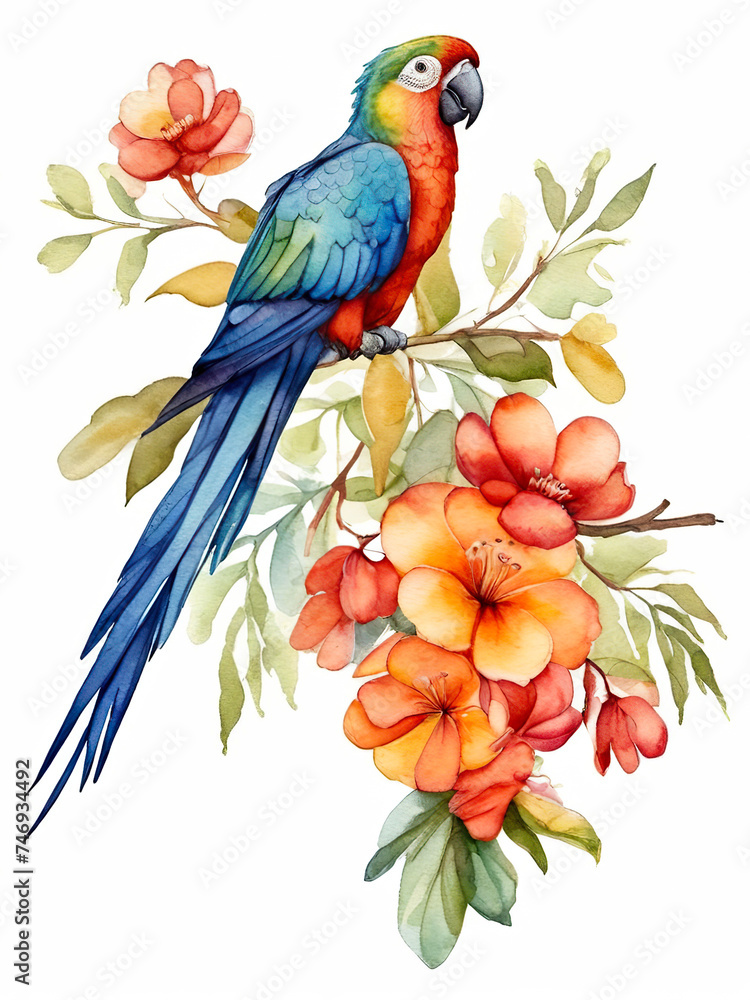 Beautiful vector image with nice watercolor parrot and tropical flowers, Isolated white background