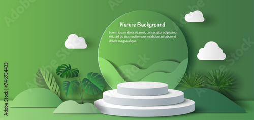 Product banner, podium platform with geometric shapes and nature background, paper illustration, and 3d paper.