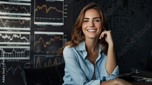 Smiling woman with stock market graphs, financial background.