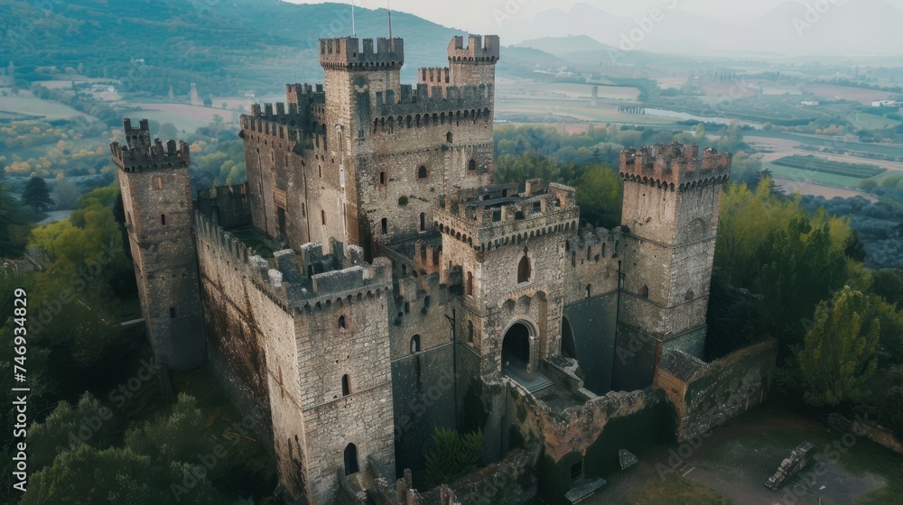 Medieval castle with advanced security systems, mysterious