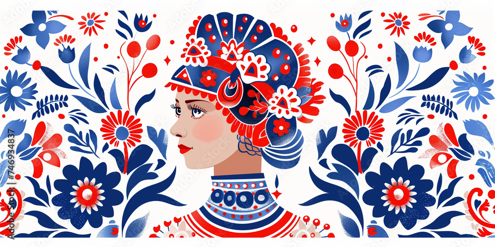 Russian native pattern with red and blue tones, slavic motives. Woman kokoshnik, folklore traditional illustration - obrazy, fototapety, plakaty 