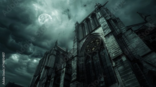 Gothic architecture with futuristic enhancements, dark and mysterious