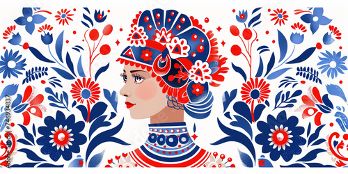 Russian native pattern with red and blue tones, slavic motives. Woman kokoshnik, folklore traditional illustration photo